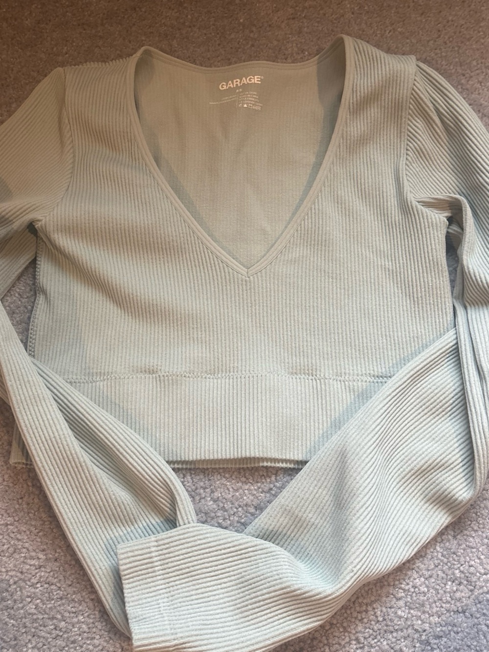 Garage Sage Green Ribbed V-Neck Long Sleeve Crop Top